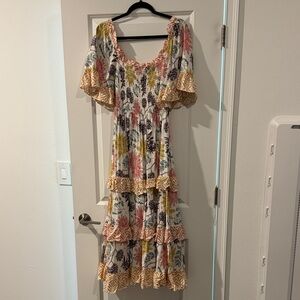Aura Floral Maxi Dress with Pink and Yellow Accents